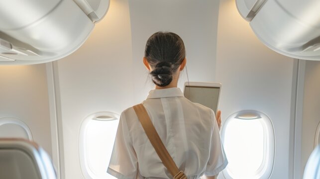 Female Asian Flight Attendant in Modern Airplane Cabin Using Tablet to Check Passenger List and Meal Orders on a Sunny Day