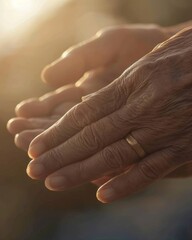 Fototapeta premium Elderly Womans Trembling Hands in Natural Light Highlighting Dementia Symptoms - Close-Up of Aging and Struggle with Simple Task During Daytime
