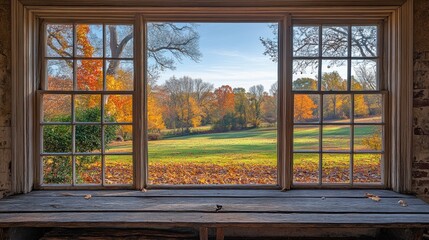 A nursing home window framing a picturesque autumn landscape, with trees shedding their colorful leaves