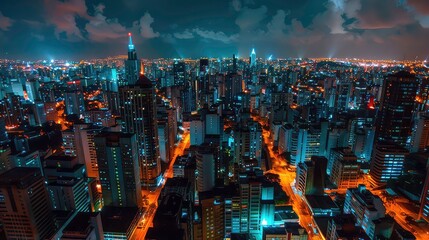 An aerial view of a city at night, showing tall buildings illuminated with lights.