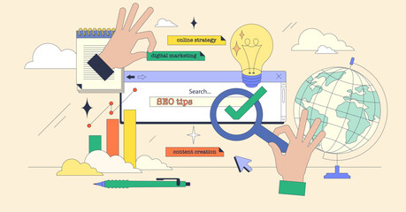 Keyword research and SEO marketing strategy tiny person neubrutalism concept. Search engine optimization for online website traffic improvement vector illustration. Effective web ranking management.