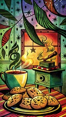 A cozy scene with steaming coffee, books, and baked treats.