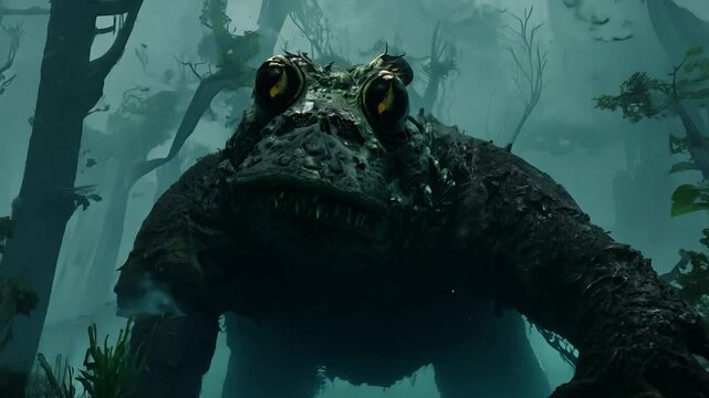 Giant toad monster approaching menacingly through forest