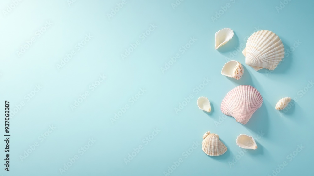 Poster elegant pastel pink seashells on blue table with soft natural lighting and smooth gradient backgroun