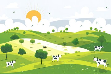 A field with cows and trees and a sun in the sky