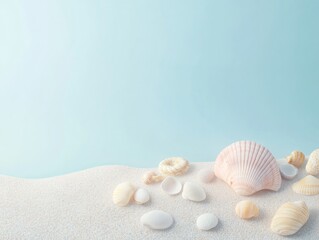 Serene Pastel Scene with Pink Seashell on Blue Surface Amid Delicate Seashells and Pebbles in Soft Natural Lighting