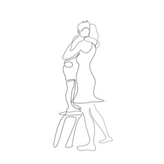 Side view of one young beautiful mother and her child who stand on chair are hugging together in single line drawing style.Vector isolate flat continue line design of Mother’s Day or Children’s day