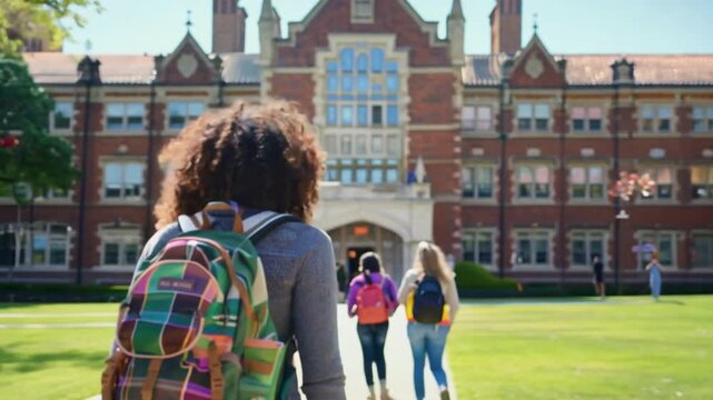 African American teenage female high school student looking brick high school building with green 