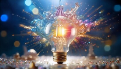 電球、アイデア、爆発、クリエイティブ、発想、インスピレーション、輝き、エネルギー、テクノロジー、ファンタジー、光、未来、デジタルアート、創造性