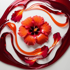A vibrant hibiscus flower in shades of deep red and orange, with petals melting into fluid