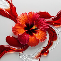 A vibrant hibiscus flower in shades of deep red and orange, with petals melting into fluid