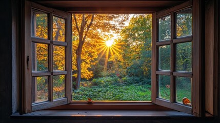 Golden sunrise view from an open window overlooking a lush autumn garden