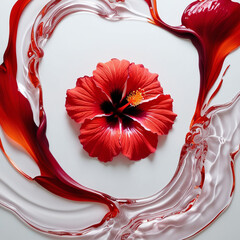 A vibrant hibiscus flower in shades of deep red and orange, with petals melting into fluid