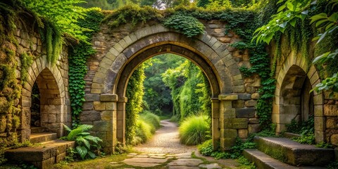 Stone Archway with Greenery: Majestic, Enchanting, Overgrown, Serene, Historical