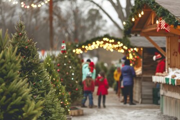 Obraz premium Festive Christmas Tree Farm with Happy Families Choosing Trees for Holiday Decorations