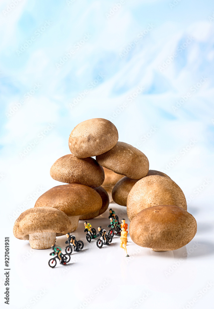 Wall mural shiitake mushrooms, miniature landscape photography and model figures on bicycles