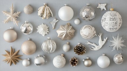 A collection of Christmas ornaments, including hearts, stars, and pine cones