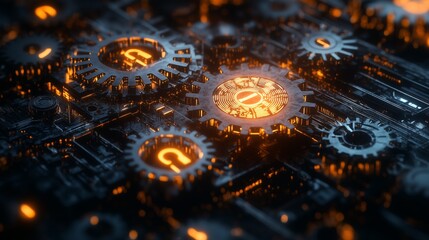Glowing gears and locks intertwine in a complex mechanical arrangement