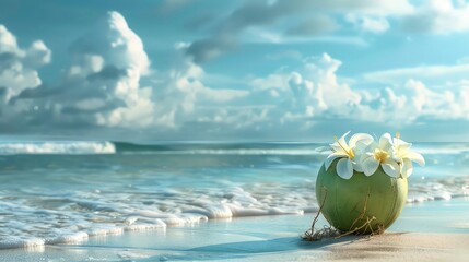 A single coconut, adorned with white flowers, rests on a sandy beach, with the ocean and a cloudy sky in the background.