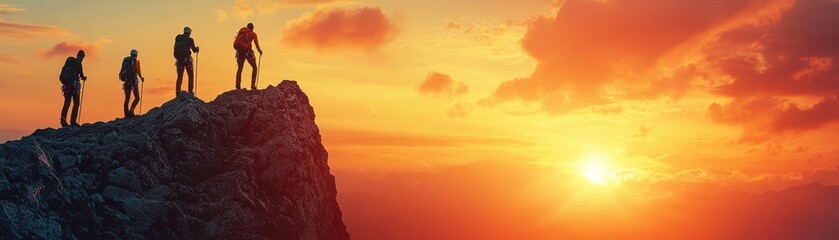 Fototapeta premium Silhouetted climbers at sunset on a mountain peak, capturing the spirit of adventure and achievement in nature.