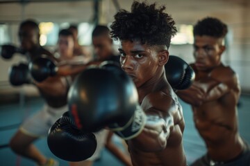 Intense Group Boxing Class with Focused Friends Practicing Punches and Combinations for Fitness and Training