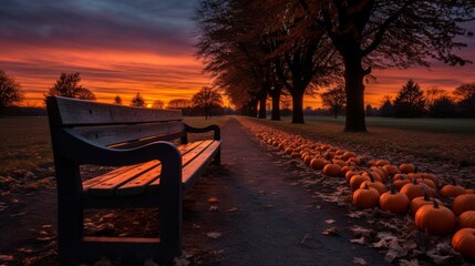 Eerie halloween sunset  sinister glowing jack o  lantern eyes in haunted forest at dusk