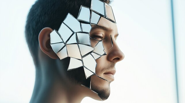 A conceptual image of a shattered mirror reflecting multiple versions of a person, representing identity and self-perception
