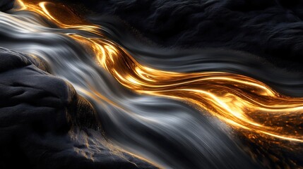 Luxurious Liquid Gold Flow Over Smooth Black Rocks with Soft Reflections