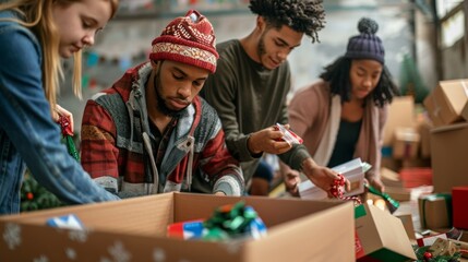 Friends Organizing Christmas Gift Drive, Collecting and Wrapping Toys for Children in Need