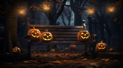 Spooky forest sunset with sinister glowing jack o  lantern eyes by a wooden bench on halloween night