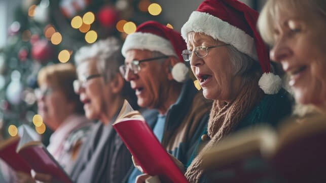 Joyful Group Singing Christmas Carols at Nursing Home Bringing Holiday Cheer to Residents