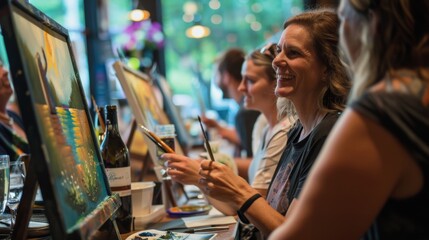 Social Painting Event at Local Cafe: Adults Enjoying Wine and Art in a Relaxed Atmosphere