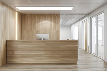 A wooden reception desk with a computer monitor on it