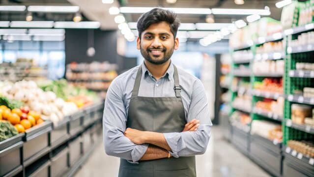 "Indian Retail Worker in Grocery Store Uniform" - A portrait of an Indian retail worker in uniform, standing in a grocery store, ready to assist customers.
