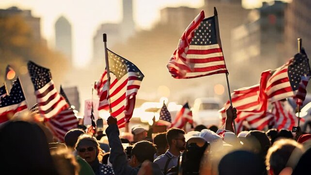 Crowds at political rallies in the United States hold signs and hold U.S. flags.