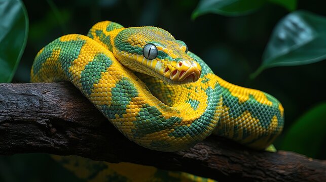 Vibrant Yellow and Green Striped Python on Branch: Perfect Poster for Jungle-Themed Sports Interiors, Showcasing Nature's Beauty with Colorful Scales Against Lush Foliage.