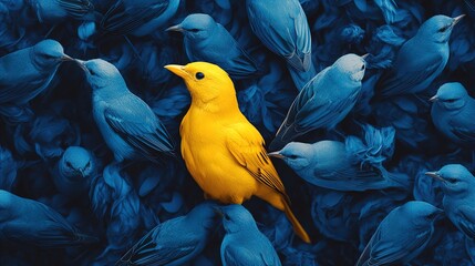 Obraz premium Vibrant Contrast: A Striking Yellow Bird Amidst Deep Blue Flock - Perfect for Sporty Interior Posters and Eye-Catching Art Displays