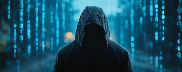 A hooded man is silhouetted against a backdrop of glowing binary code