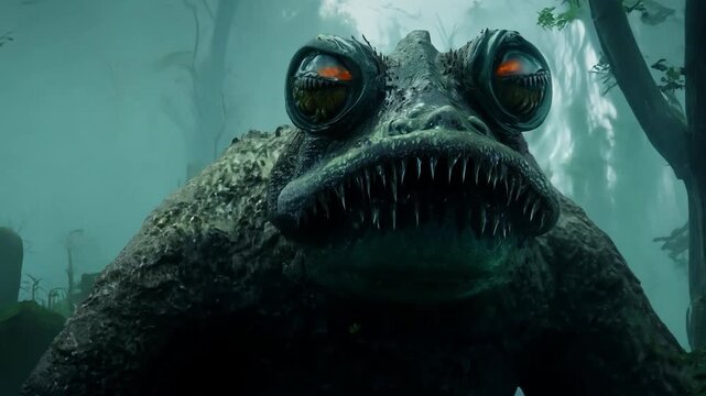 Giant toad monster approaching and opening mouth with scary glowing eyes in dark fantasy forest