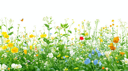 A lively meadow filled with colorful wildflowers in full bloom. A butterfly flutters above, adding to the serenity of the scene