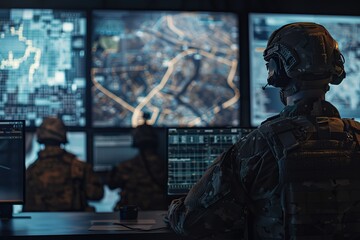 A soldier is sitting at a desk in front of a computer monitor with a map on it