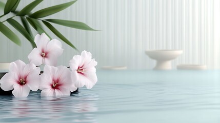 Panini projection of a zen spa setup with flowers floating on a rippling water surface, a bamboo fountain, soft pastel background, more clarity with clear light and sharp focus, high detailed