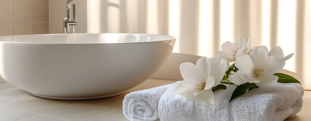 Close-up of delicate flowers resting on a towel with a spa basin in the background, warm light, and...