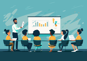 Business Team Learning and Training Session with Teacher Presenting Graphs and Charts in Classroom Setting, Education and Collaboration Concept, Minimalistic Vector Illustration