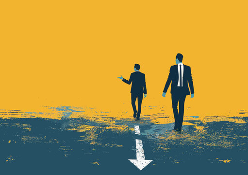 Business Leader Illustrating Future Path Concept, Minimalistic Vector Illustration of Businessman Walking Outside Marked Area Indicating Forward Direction, Leadership and Visionary Success