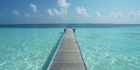 Obraz premium Maldives island with a wooden pier extending into crystal-clear turquoise waters