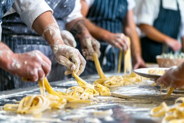 Middle-Aged Friends in Cooking Class Making Homemade Pasta with Chef Guidance