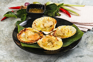 Griiled scallops in shell with cheese