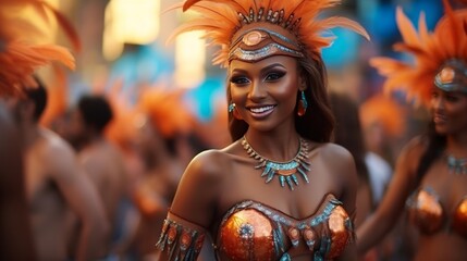 Dynamic samba dancers presenting a colorful and lively performance at festive carnival