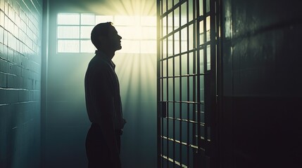 Fototapeta premium Side view of a prisoner standing behind bars in a jail cell, capturing the loneliness and confinement of incarceration